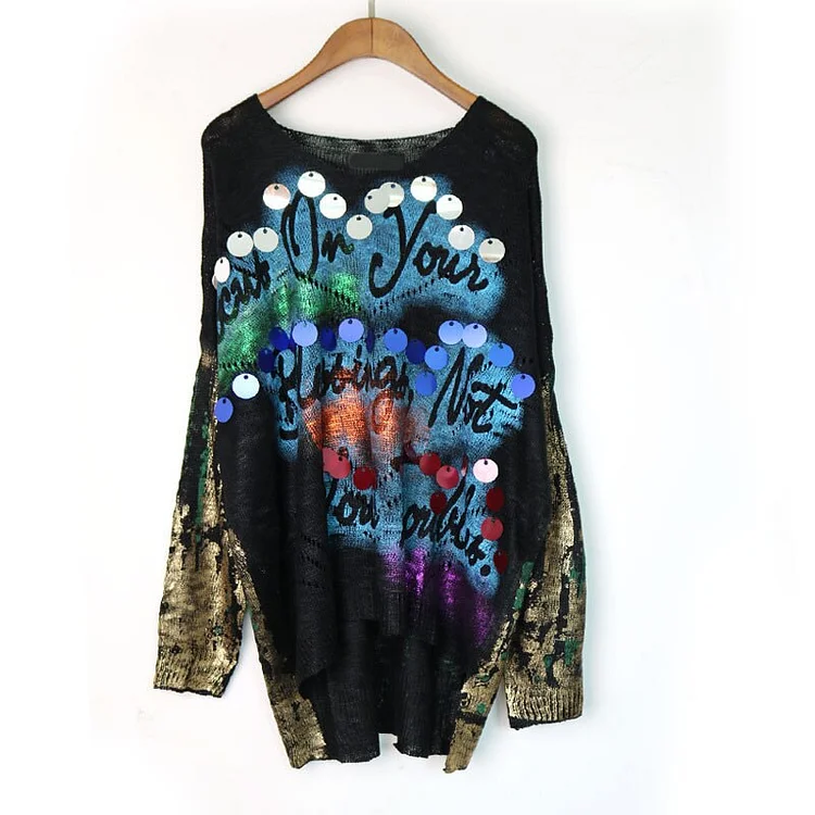 Fashion Loose O-neck Letter Printed Splicing Sequins Long Sleeve Sweater         