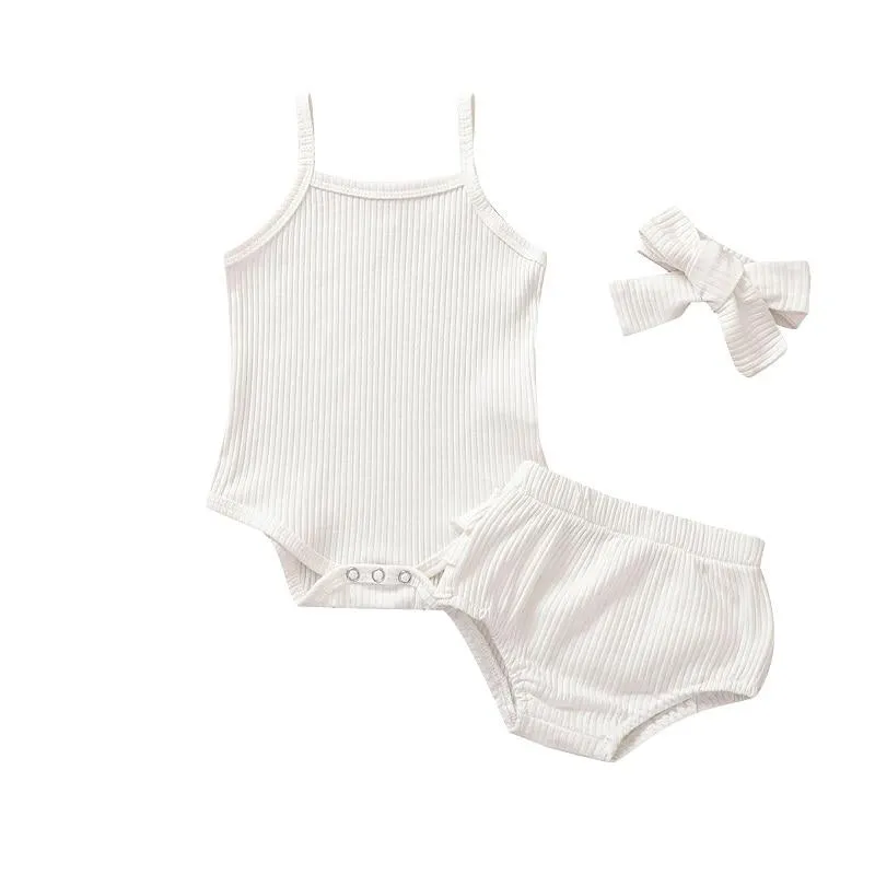 2021 Baby Summer Clothing Infant Newborn Girl 3 Pcs Ribbed Outfits Suits, Sleeveless Knit Romper Tank Top Ruffle Shorts Headband