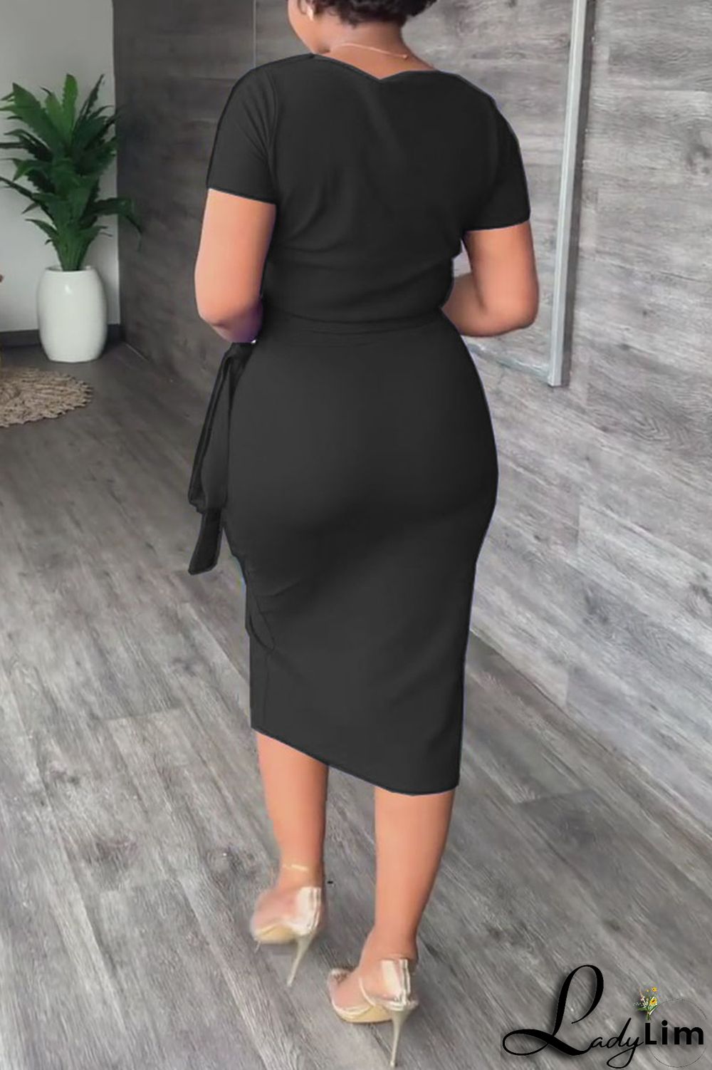 Black Celebrities Solid Bandage Patchwork Slit O Neck Short Sleeve Two Pieces