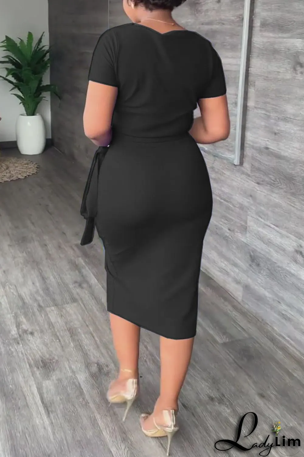 Black Celebrities Solid Bandage Patchwork Slit O Neck Short Sleeve Two Pieces