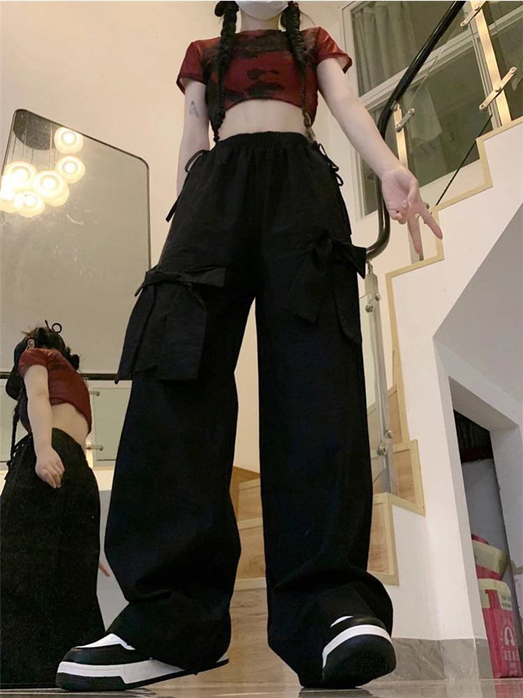 Aiertu New Design Gyaru Jeans Woman Vintage High Waist Wide Leg Pants Bow Elastic Waist Baggy Trousers Casual Tide Streetwear Simple Aiertu