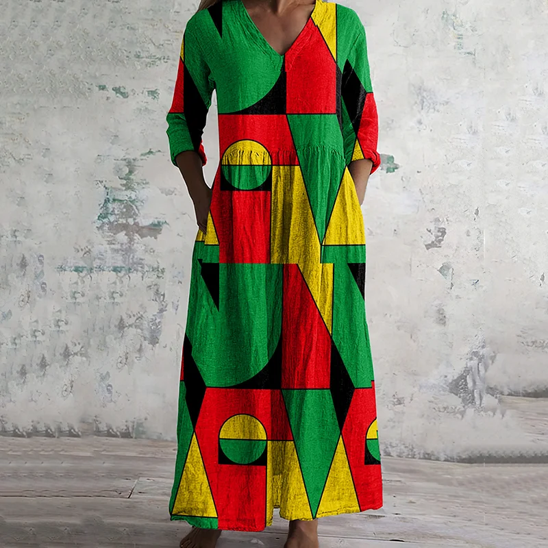 Vintage Juneteenth Black Pride African Geometric Art Women's Linen Dress