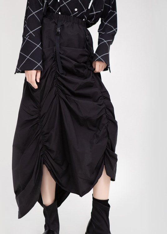 French Black Elastic Waist Asymmetrical Design Wrinkled Fall Skirt CK1827- Fabulory