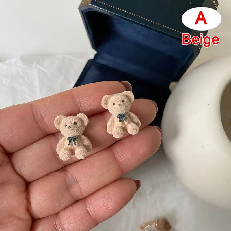 New Korean Kawaii Funny Plush Small Stud Earrings Cute Bow Bear Statement Dainty Earring Fashion Jewelry 2021