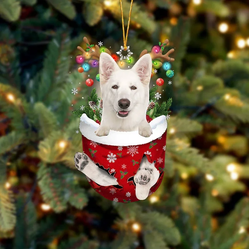 WHITE German Shepherd In Snow Pocket Christmas Ornament trabladzer