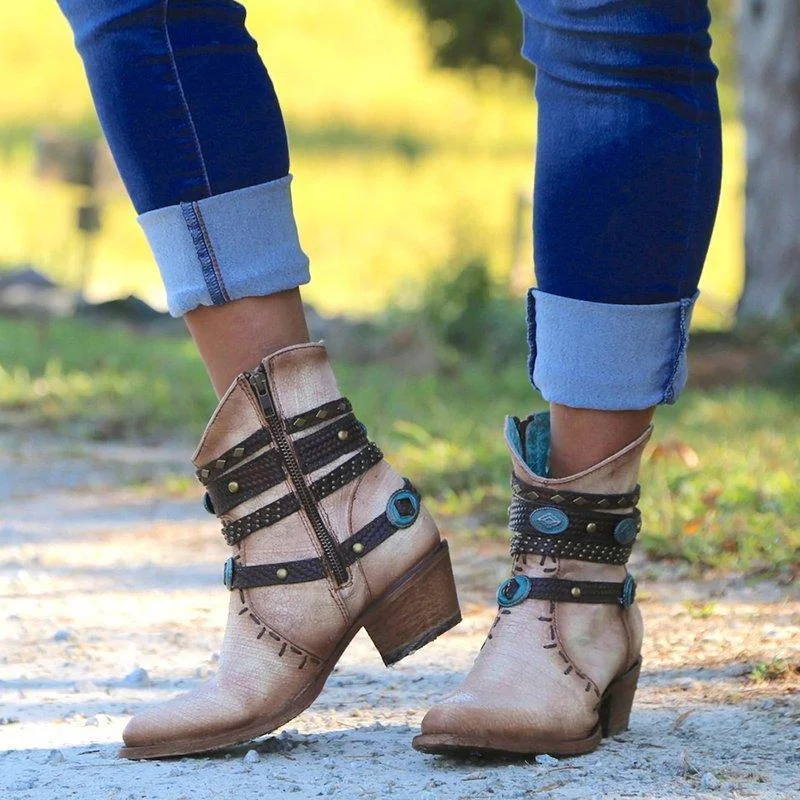 Faux Leather Chain Chunky Heel Boots
