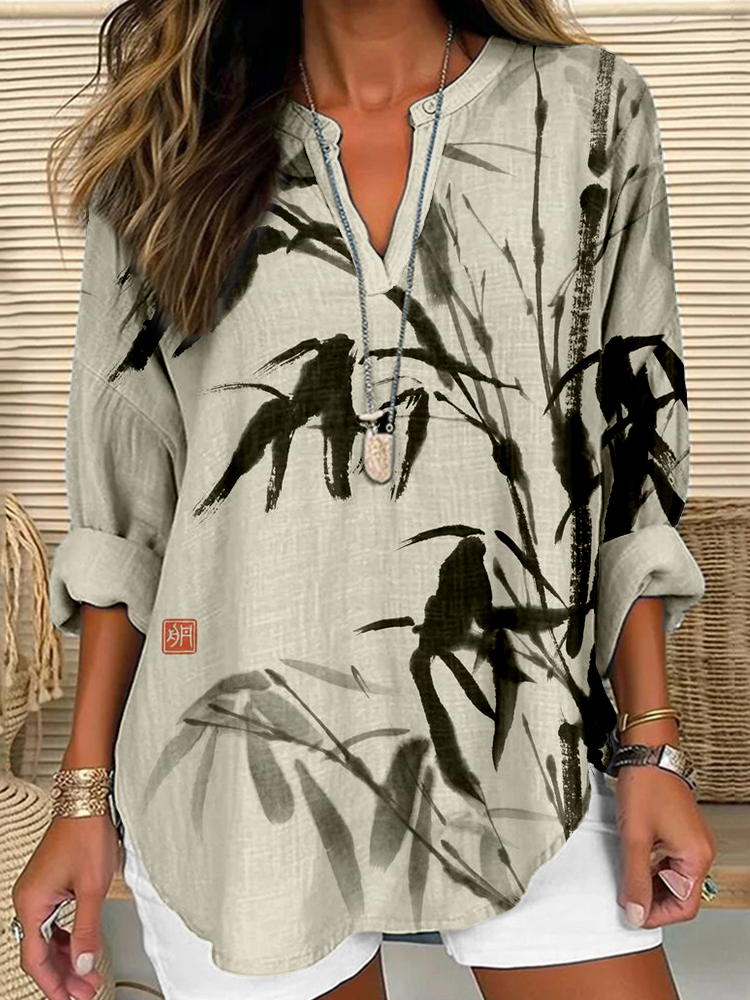 Bamboo Ink Painting Art Linen Blend Cozy Shirt artswardrobe