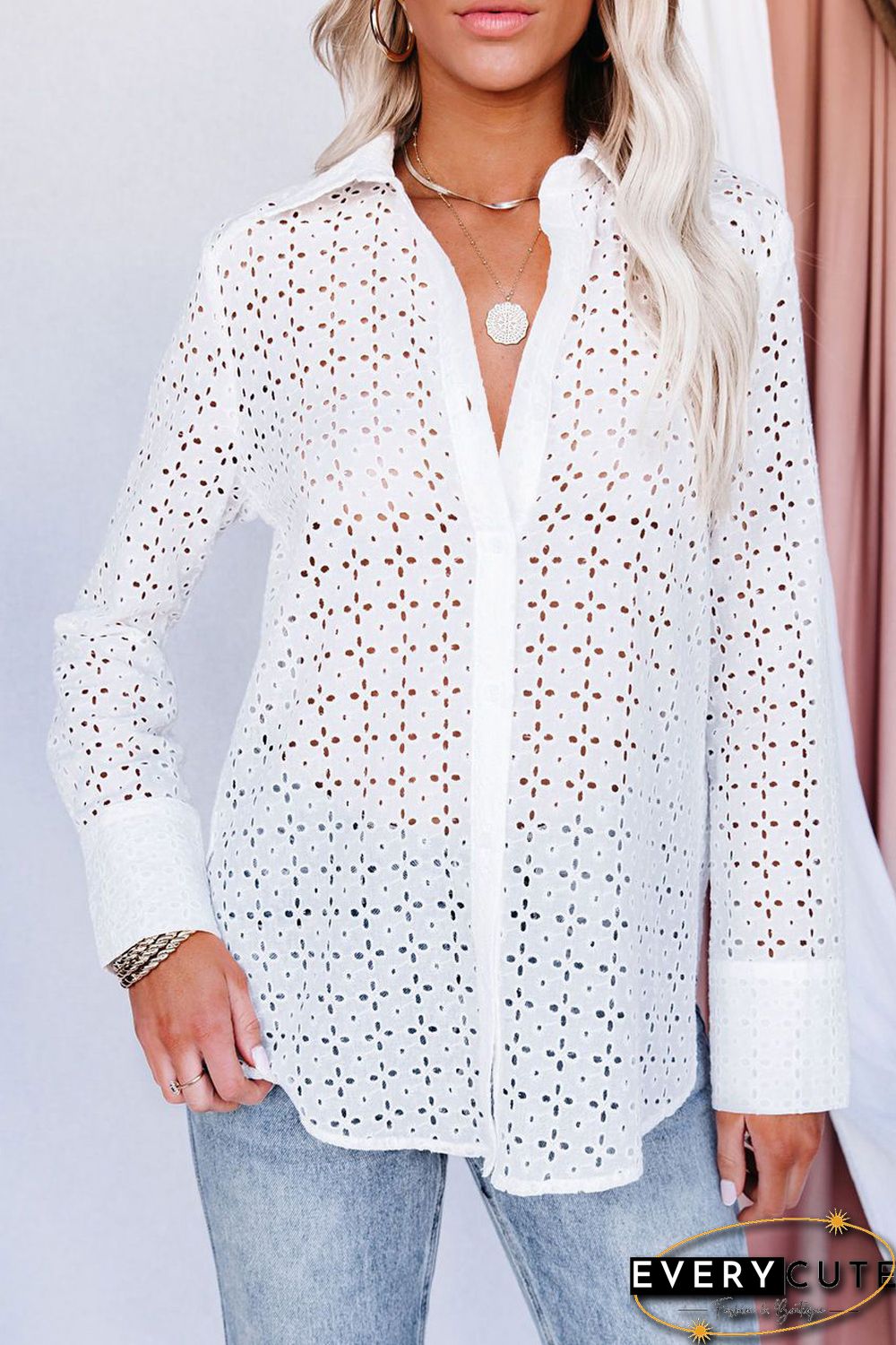 White Long Sleeve Eyelet Floral Pattern Hollow-out Shirt