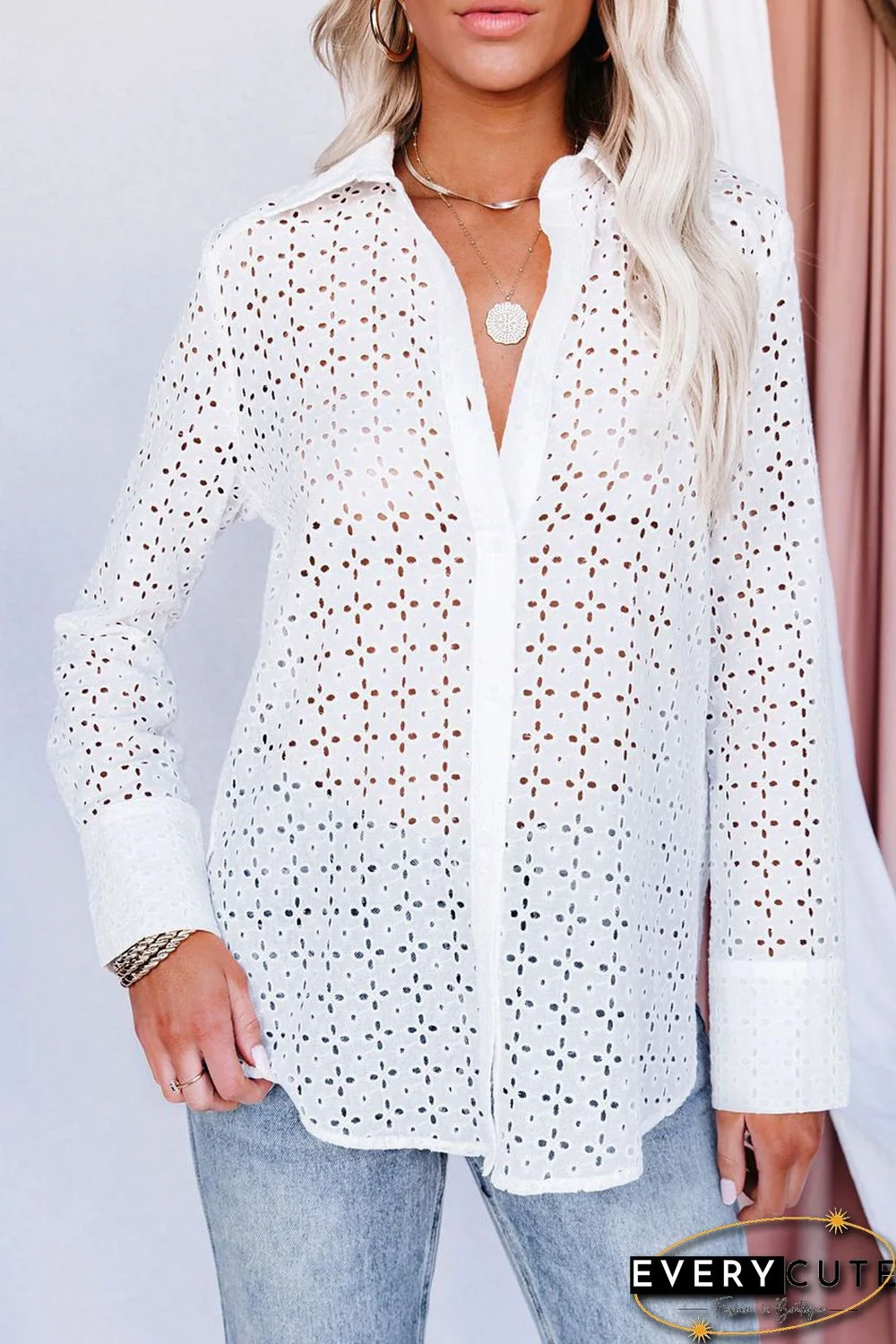 White Long Sleeve Eyelet Floral Pattern Hollow-out Shirt