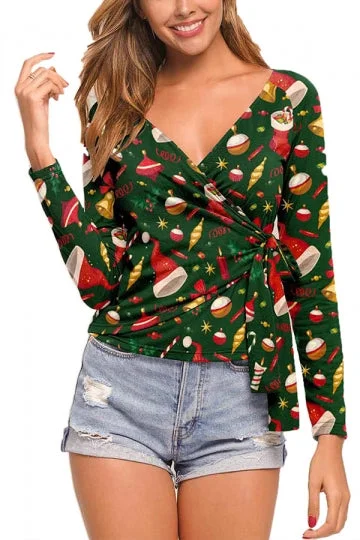 Sexy V Neck Tied Christmas Blouse Green-elleschic