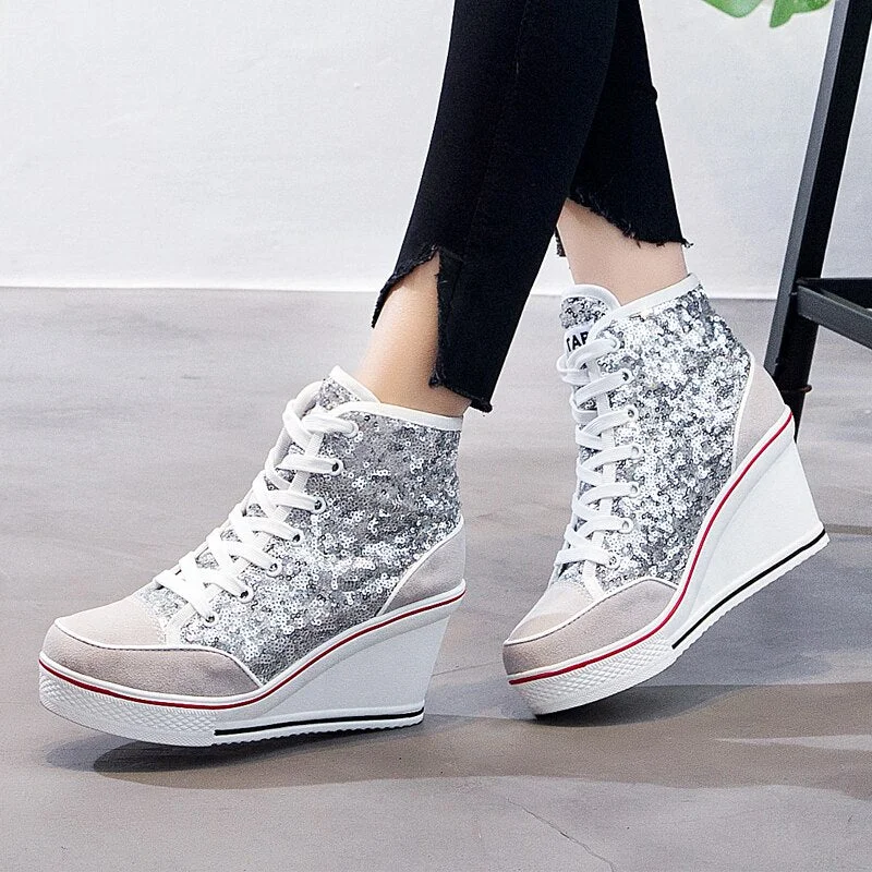 2020 Spring Autumn Women's Shoes Pink Black Silver Glitter Vulcanize Shoes Woman Platform Wedge Sneakers Casual Zapatos De Mujer