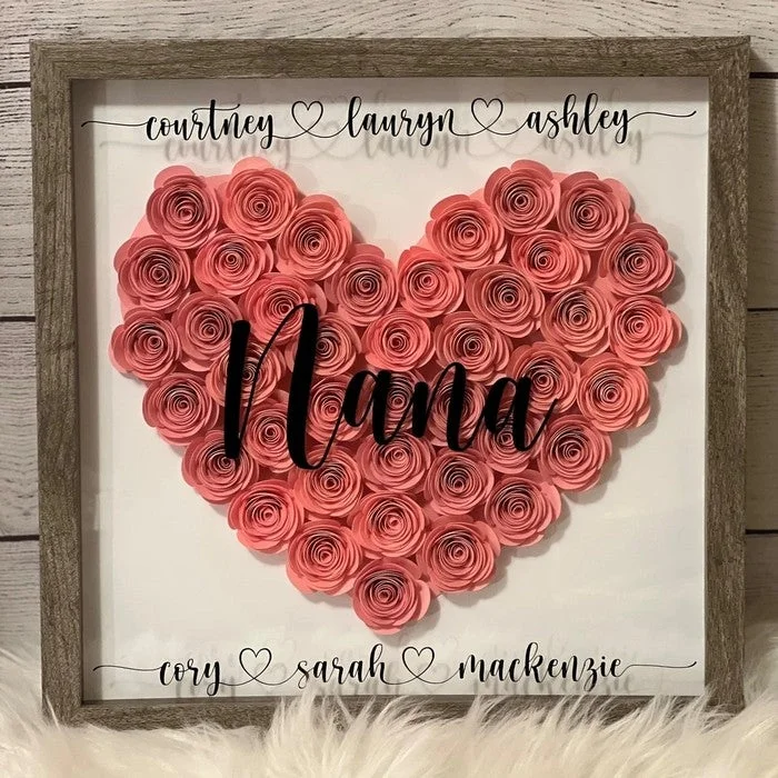 Grandma Heart Shaped Monogram Flower Shadow Box Customized Gift for Mothers Grandma
