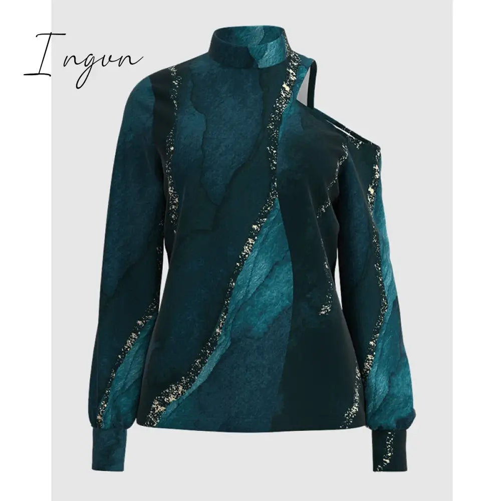 Ingvn - Fashion Women Print Cold Shoulder Top Casual Blouse Lady Tops Feminina Blusa Green / S