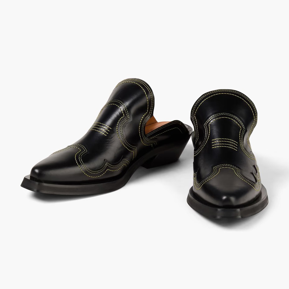 Black Stitching Pointed Toe Slip On Western Mule Shoes for Women Nicepairs