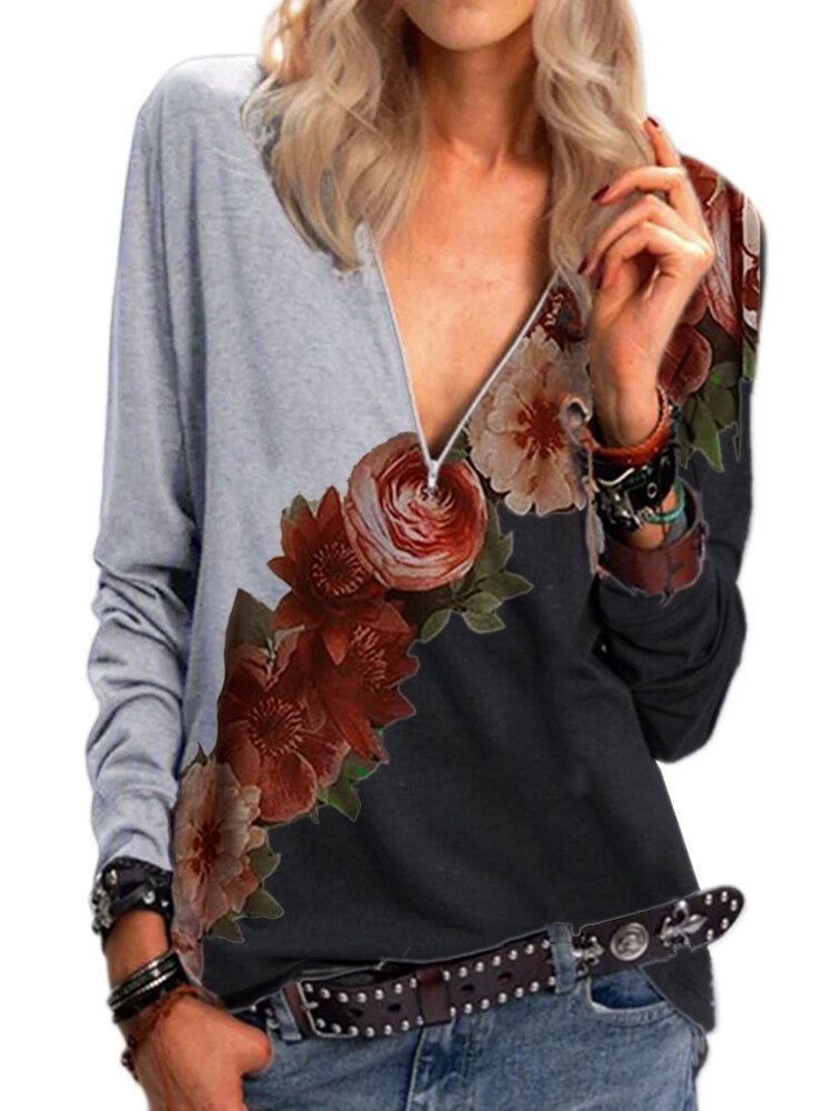 Contrast Color Flower Print Long Sleeve Blouse For Women P1776665