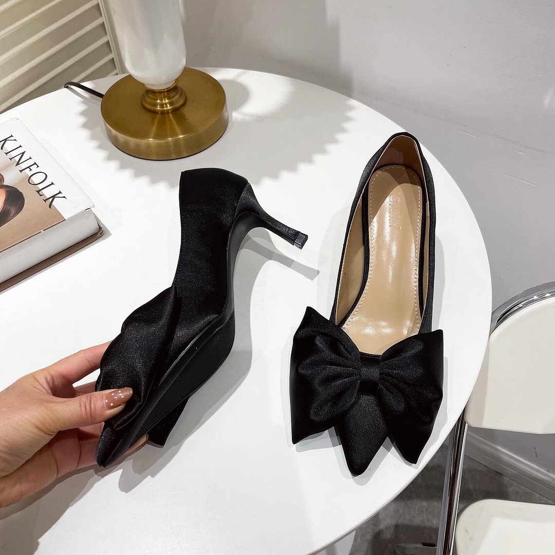 Qengg Women Pumps Pointed Toe Satin Bow Design Shallow Slip On Thin High Heels Black White Elegant Pumps Wedding Shoes 35-40