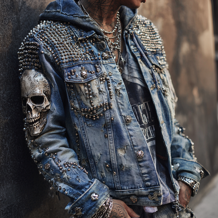 Rock Punk Skull Rivet Element Retro Distressed Heavy-duty Men's Denim Jacket