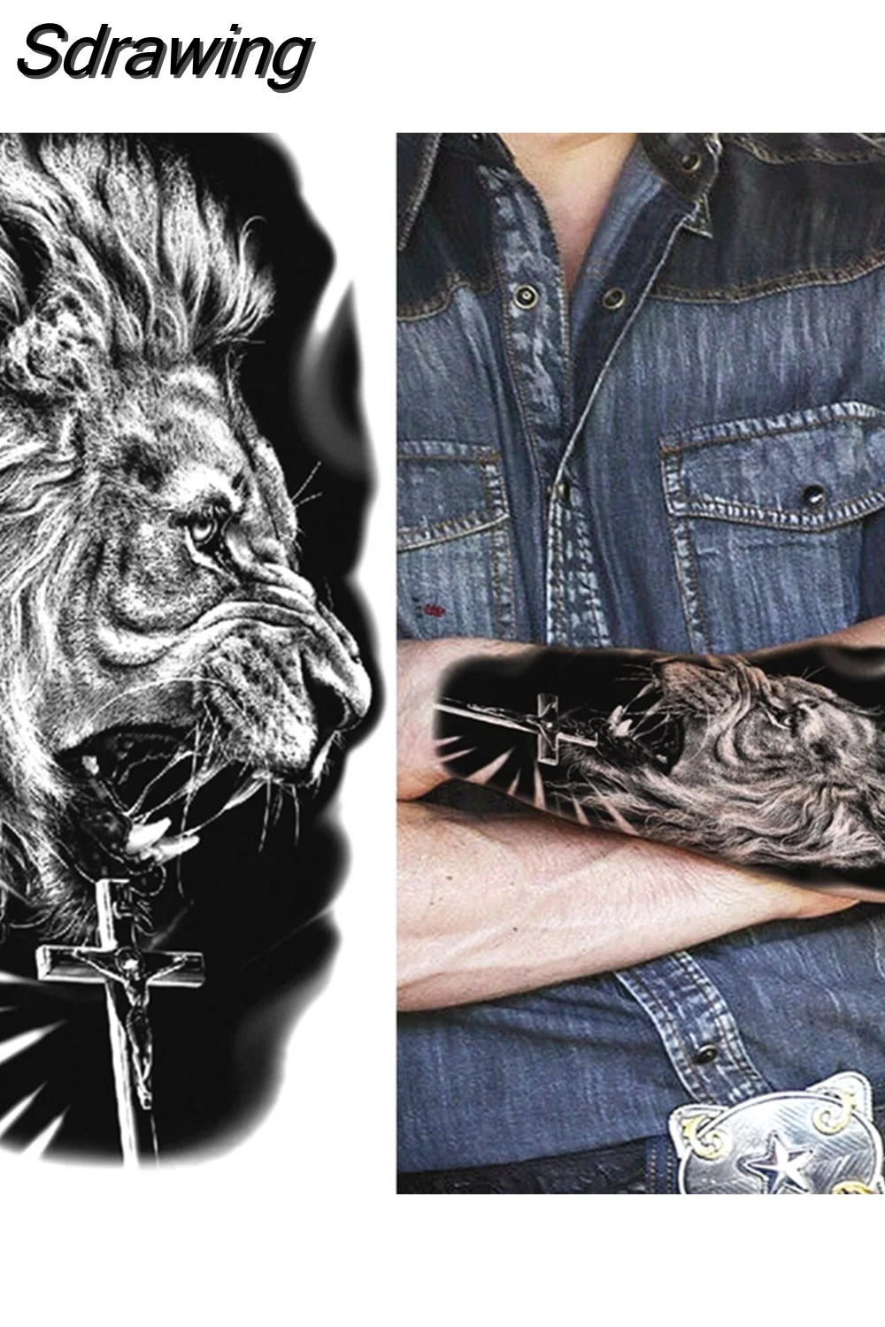 Sdrawing Tiger Temporary Tattoos For Men Women Kids Lion Skull Cross Tattoo Sticker Black Compass Skeleton Tatoos Leg Thigh 1103 715-0