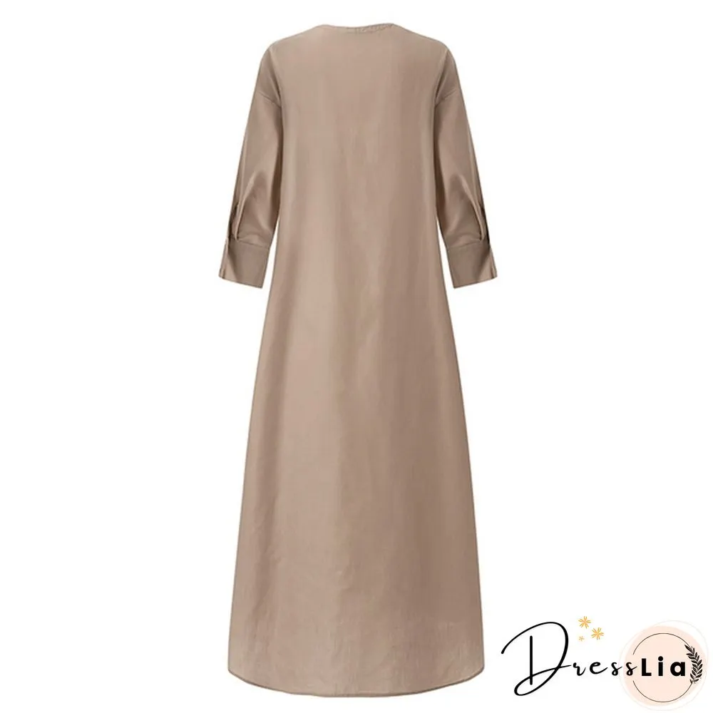 Ladies Spring Casual Kaftan Solid Sleeve Holiday Loose Top Pleated Long Dress Plus Size