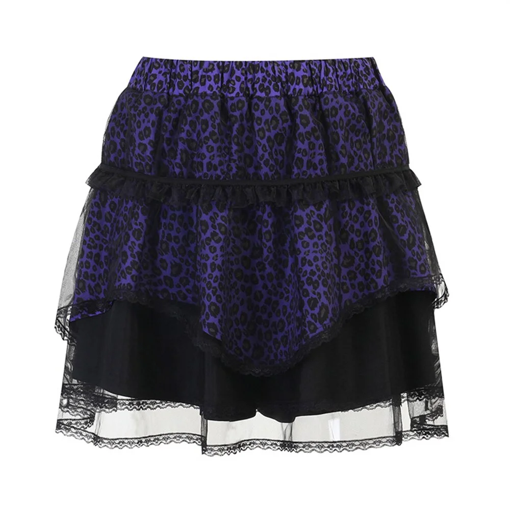 Jangj Alt Purple Mesh Mini Skirt Leopard Print Skirts Women Harajuku Y2k Skater Punk Grunge Tutu Skirt 90s Gothic Dark Pettiskirt