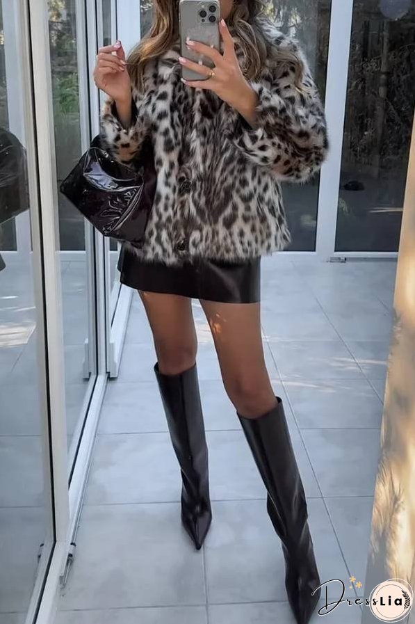 Leopard Print Faux Fur Turndown Collar Fuzzy Coat-Brown