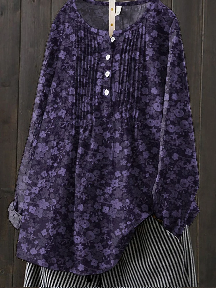 Ditsy Small Spring Floral Seamless Repeat Pattern Printed Women's Casual Cotton And Linen Shirt