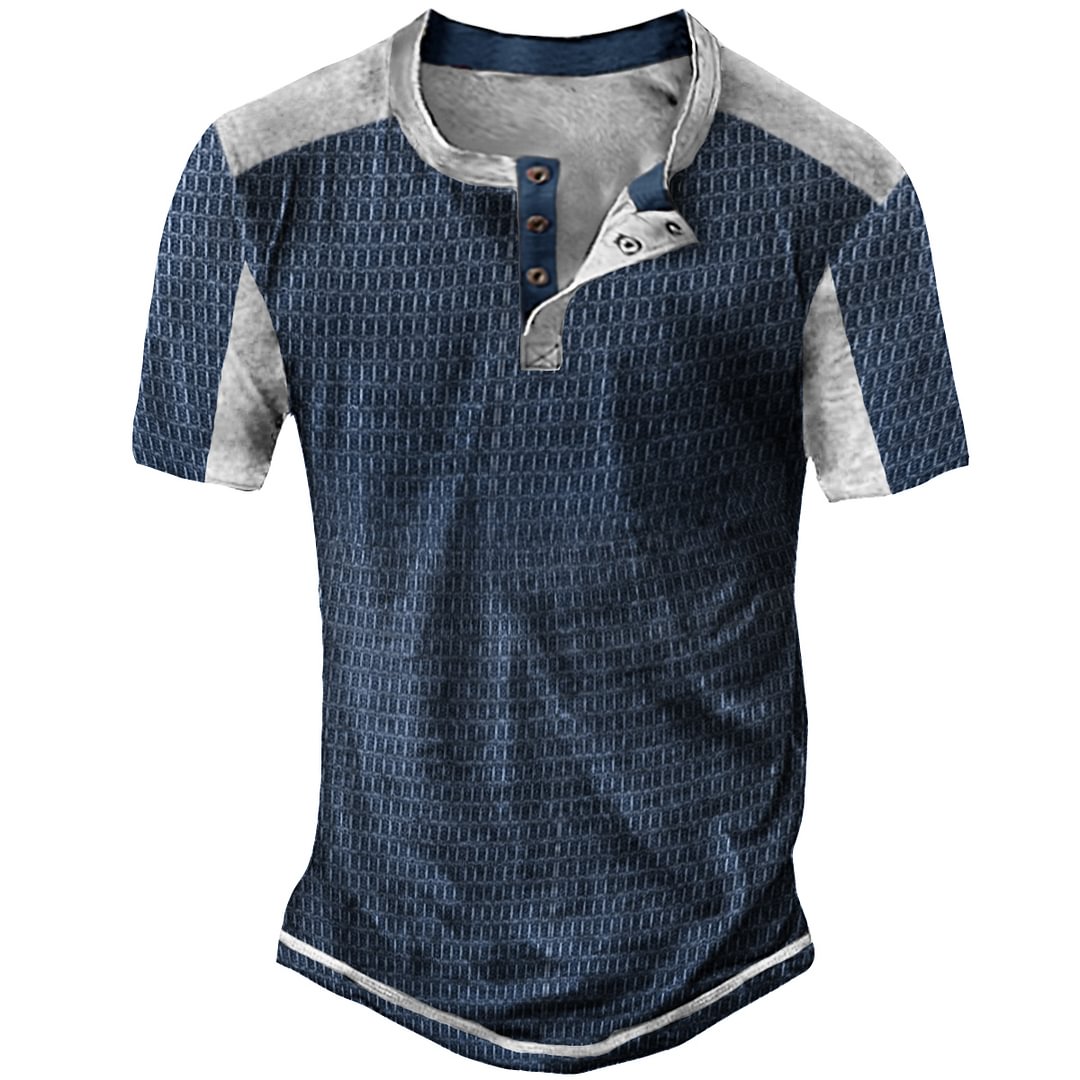 Men‘s Retro Printed Short Sleeve Round Collar Button Outdoor Henley Shirt