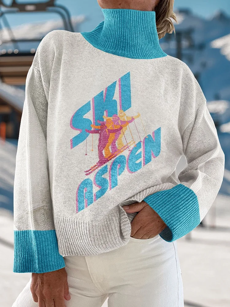 Winter Skiing Art Print Knit Turtleneck Pullover Sweater