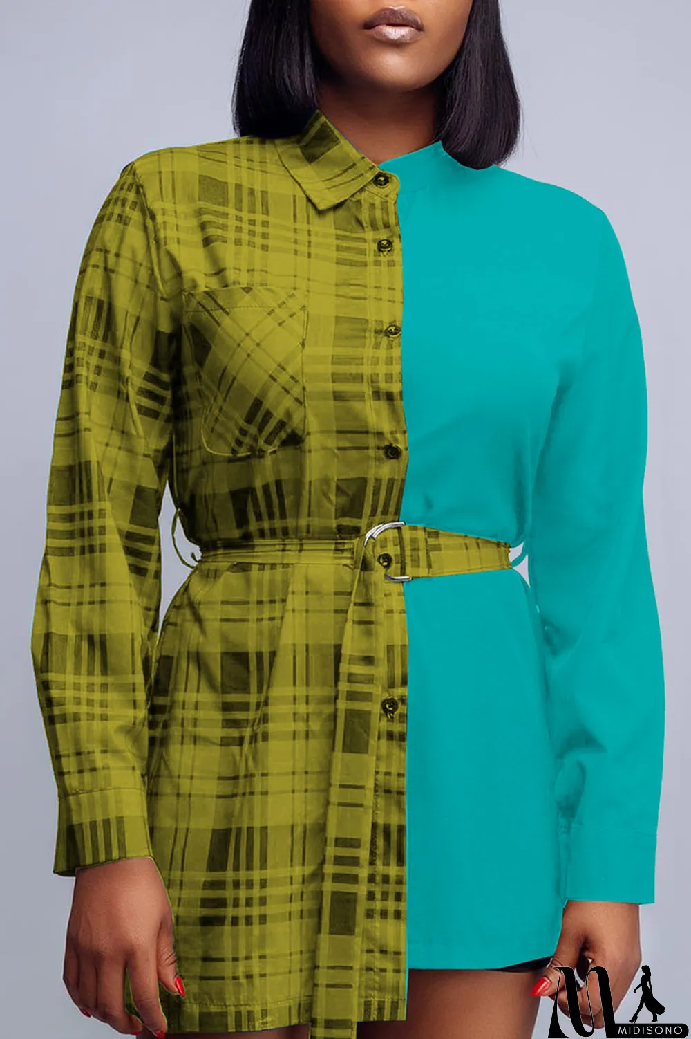 MidiSono - Yellow Casual Plaid Print Split Joint Buckle With Belt Turndown Collar Tops