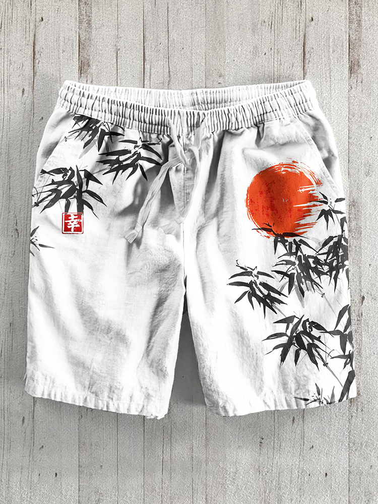 Comstylish Japanese Bamboo Forest And Red Sun Art Linen Blend Shorts