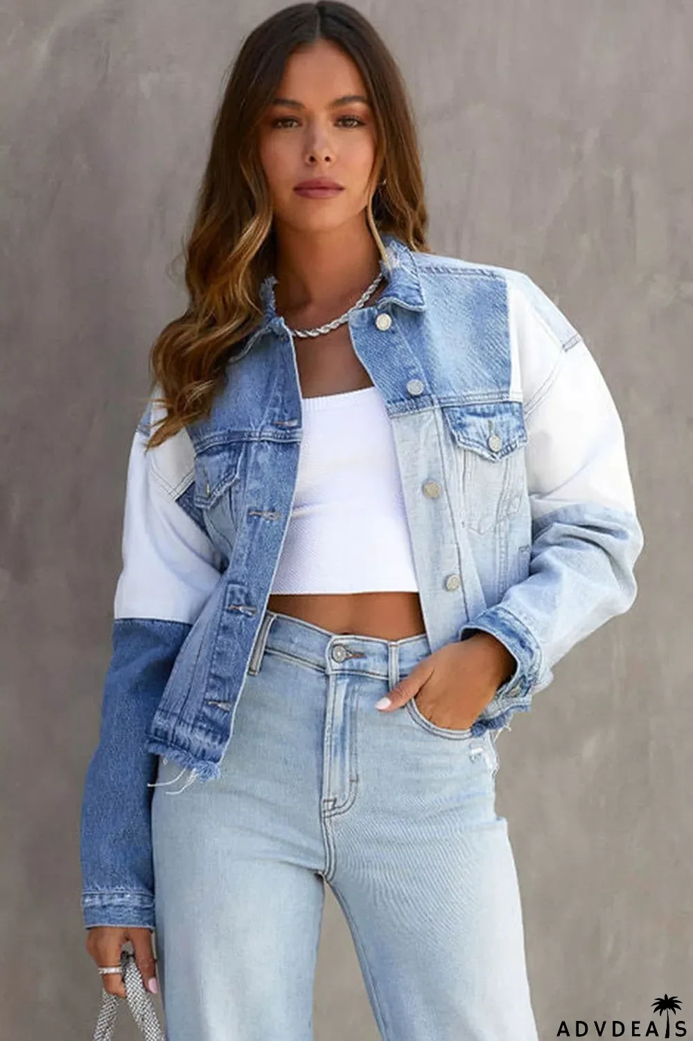 Sky Blue Color Block Denim Patchwork Frayed Hem Jacket