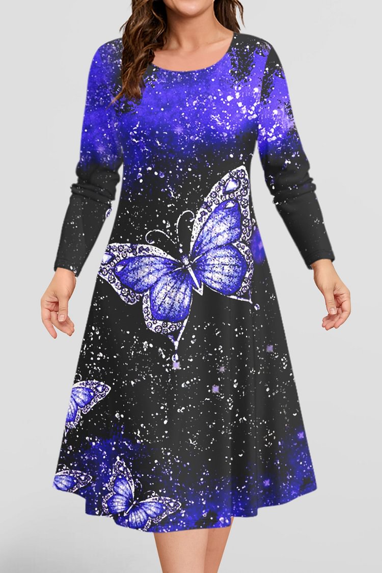 Flycurvy Plus Size Casual Blue Ombre Butterfly Print Midi Dress  Flycurvy [product_label]
