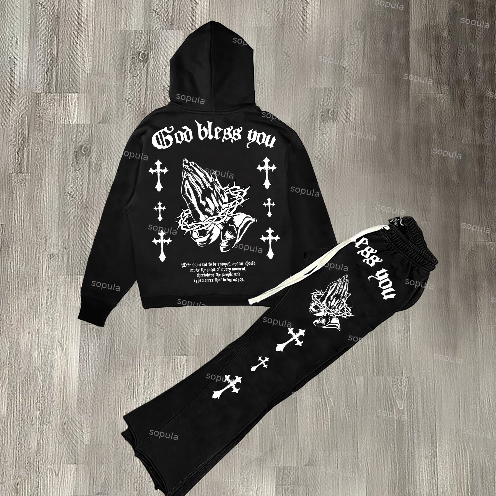 Sopula God Bless You Street Graphic Hoodie & Flared Sweatpants Two Piece Set