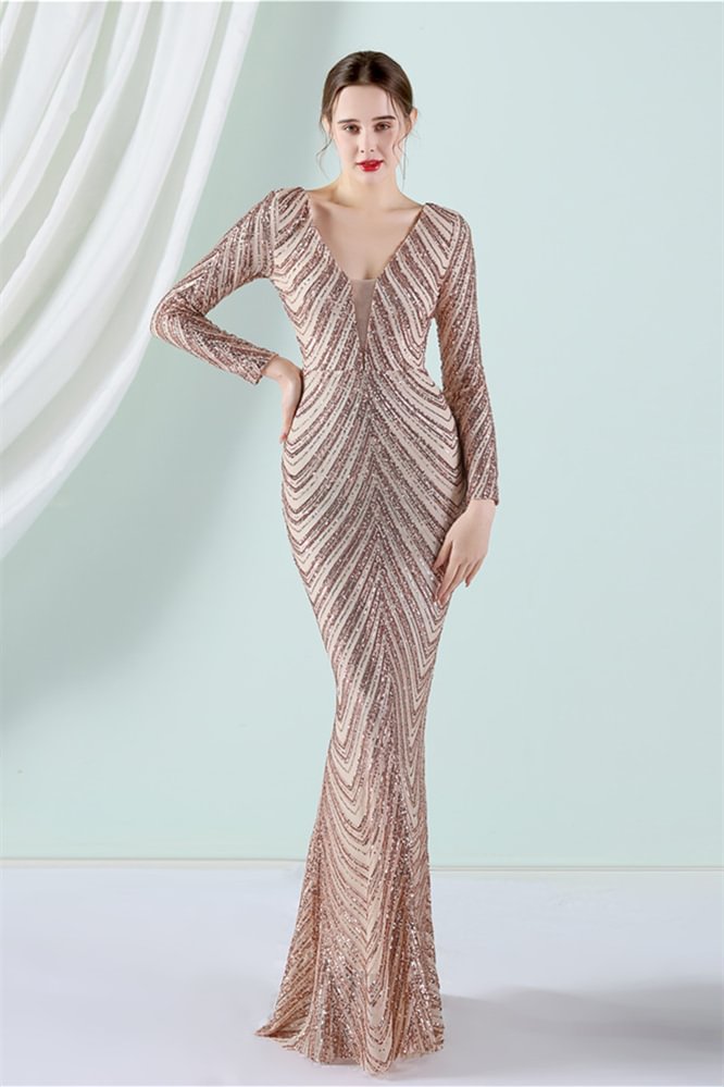 Luluslly Long Sleeves V-Neck Mermaid Evening Dress Sequins YE0058