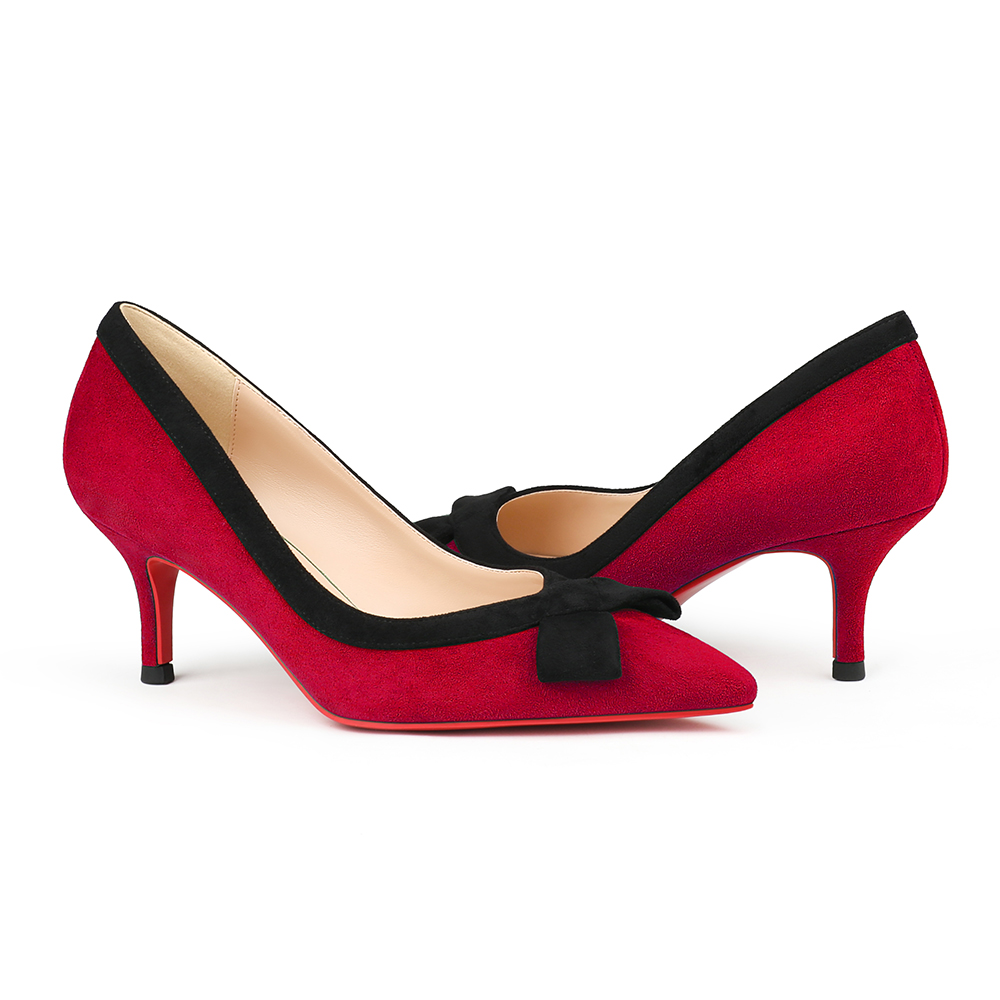 60mm Pointed Toe Bowknot Red Bottom Kitten Heels Daily Pumps for Women Suede-MERUMOTE