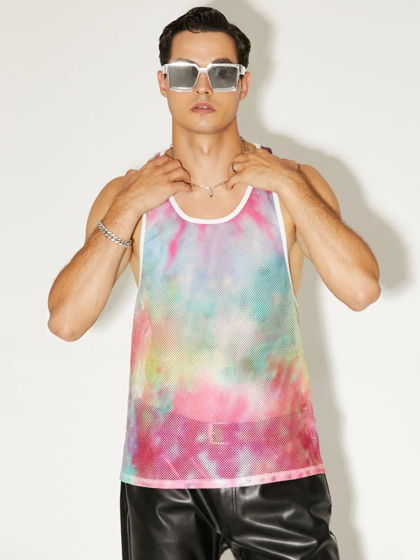 Aonga - Mens See Through Mesh Colorful Tie-Dye VestJ