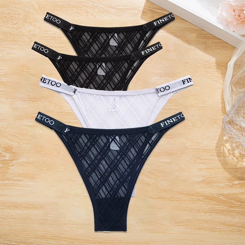 FINETOO 4PCS/Set Women's Lace Lingerie Panties Mesh Gstring Female Underpant Sexy Letter Panties Thong Girls Underwear Intimates