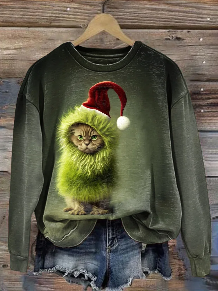 Vintage Christmas Cat Print Cozy Sweatshirt