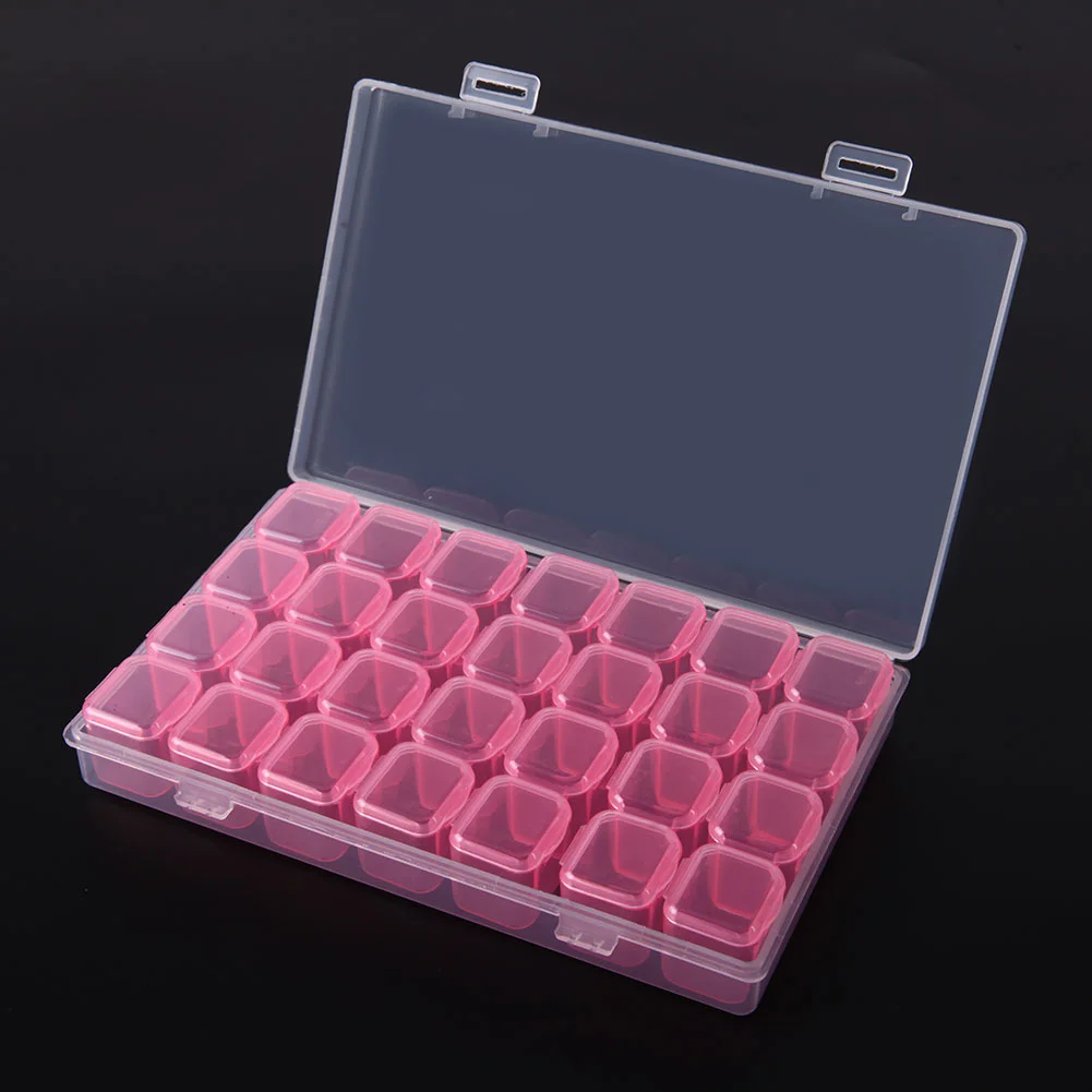 28 Grids Plastic Storage Box Nail Rhinestone Jewelry Display Case(Pink)