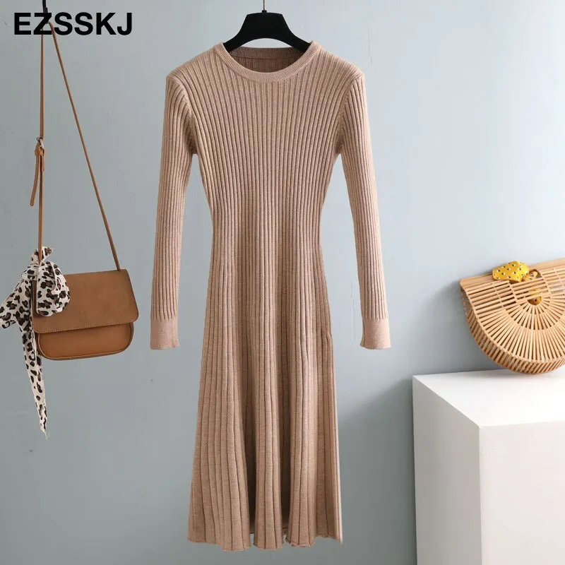 elegant Long sleeve OL O-neck long Sweater dress women Thick knit Autumn Winter dress female Slim A-line basic dress casual