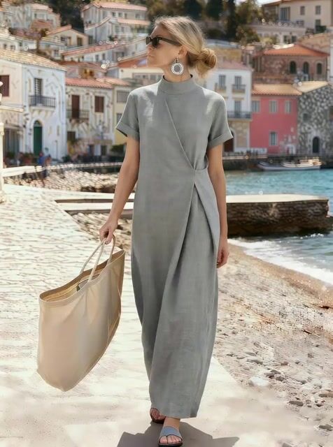Women's High-Neck Pleated Short-Sleeved Dress