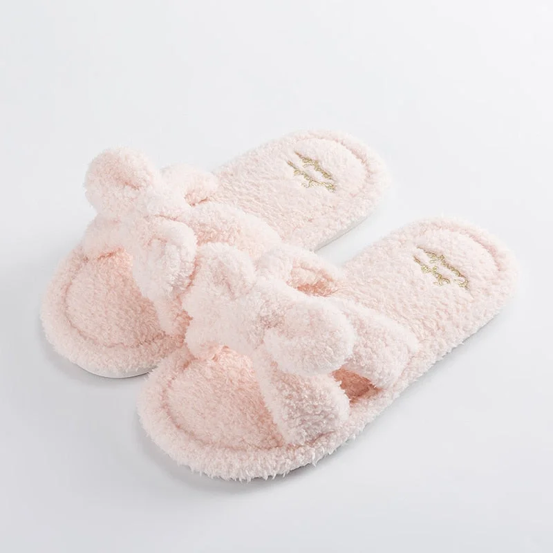 Women's Velvet Smooth Home Slippers Open Toe Knot Warm Plush Flats Bedroom Interior Fall Winter 2021 Fur Slides for Women