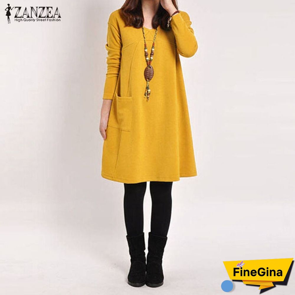 Zanzea Women V Neck Long Sleeve Casual Loose Tops Shirt Jumper Dress Plus Size