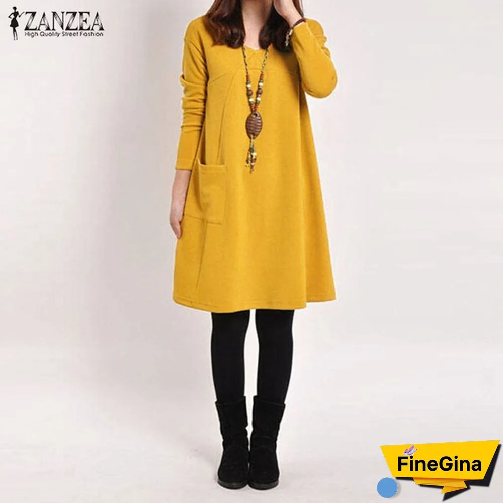 Zanzea Women V Neck Long Sleeve Casual Loose Tops Shirt Jumper Dress Plus Size