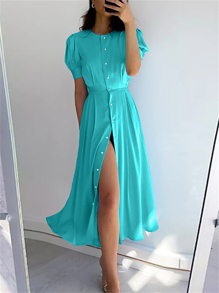 Women's Summer New Print Temperament Commuter High Waist Split Body Long Solid Color Dress Blue Khaki Orange Pink