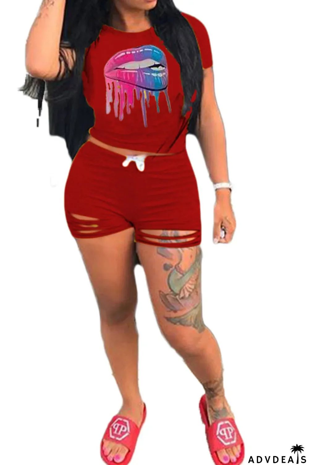 Grey venetian Fashion Active Casual Patchwork Lips Print pencil Short Sleeve Two Pieces