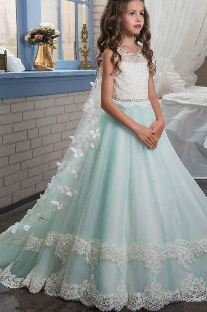 Oknass Scoop Neck Sleeveless Ball Gown Flower Girl Dress Lace with Lace