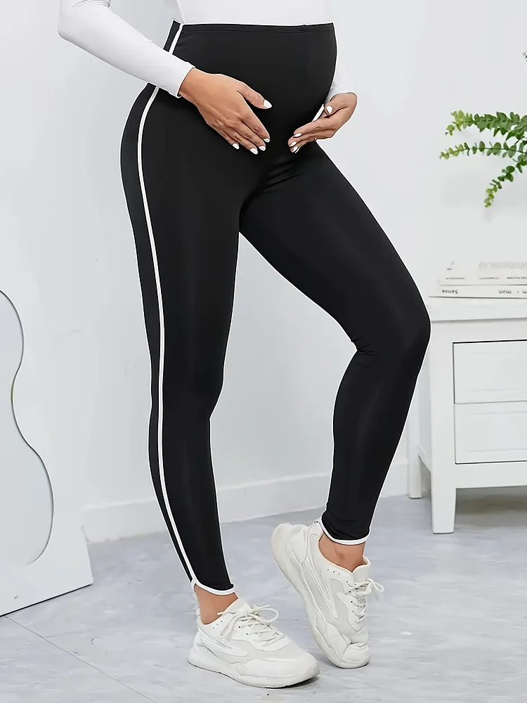 Sunygal High-Waist Black Maternity Leggings | Stretchy, Butt-Lifting, Color Block Design, Yoga & Sports Pants For Pregnant Women, 180g/㎡