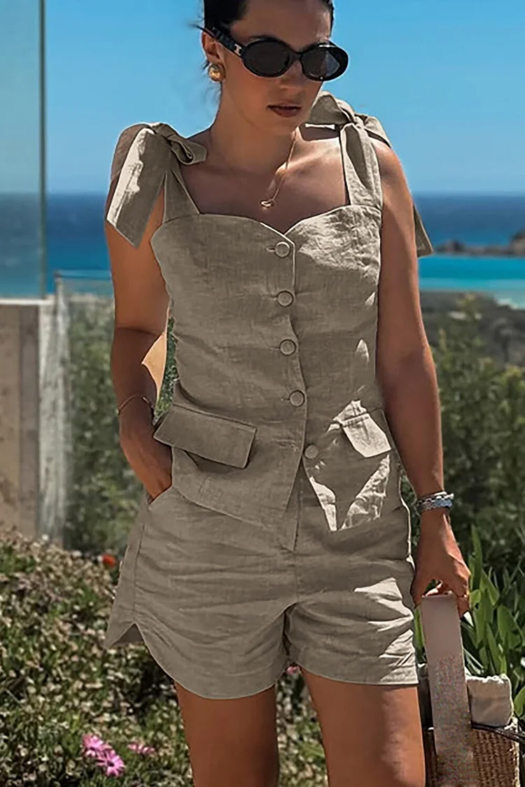 Tie Up Shoulder Straps Button Up Top Solid Color Shorts 2pcs Set-Grey
