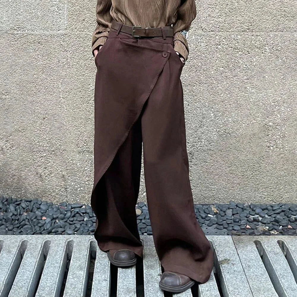Aonga Mens Chinese Style Pleated Splicing Double Layer Irregular Solid Color Culottes Genderless Fashion Trend Casual Wide Leg Pants 0710 aonga